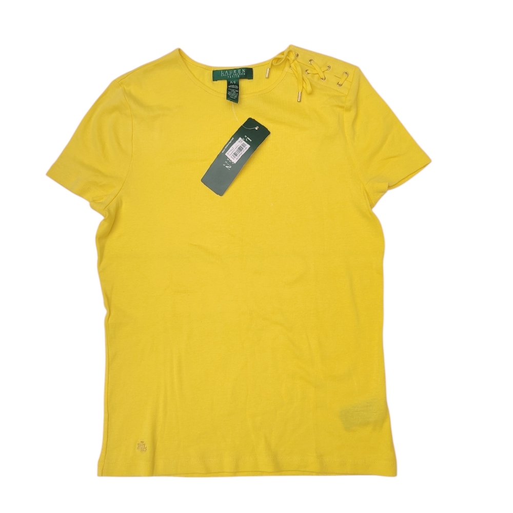 Ralph Lauren Yellow 100% Cotton Crew Neck Lace-Up T-Shirt PSmall NWT